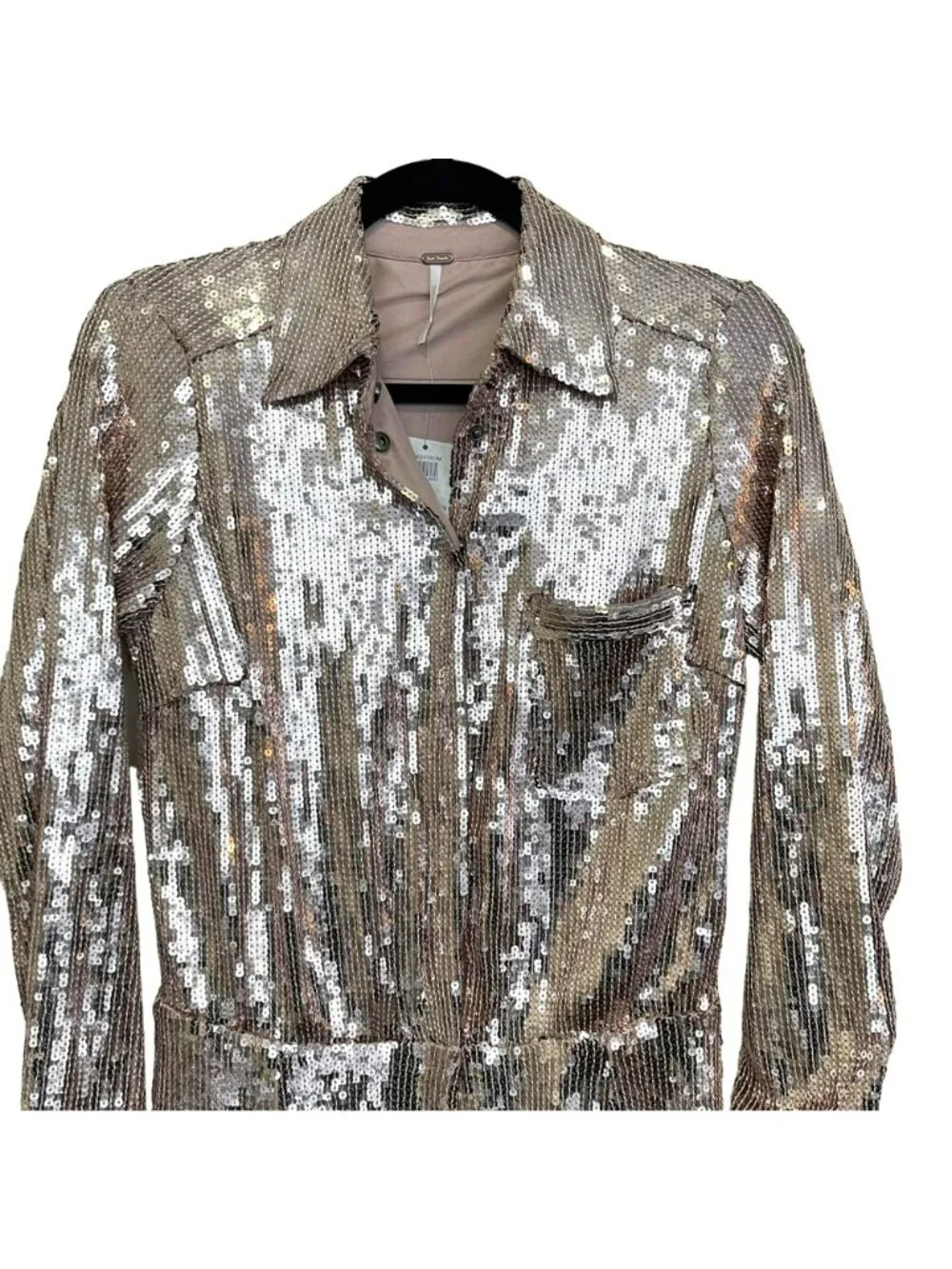 Free People Oversized Sophie Sequin Shirtdress Champagne Large NWT